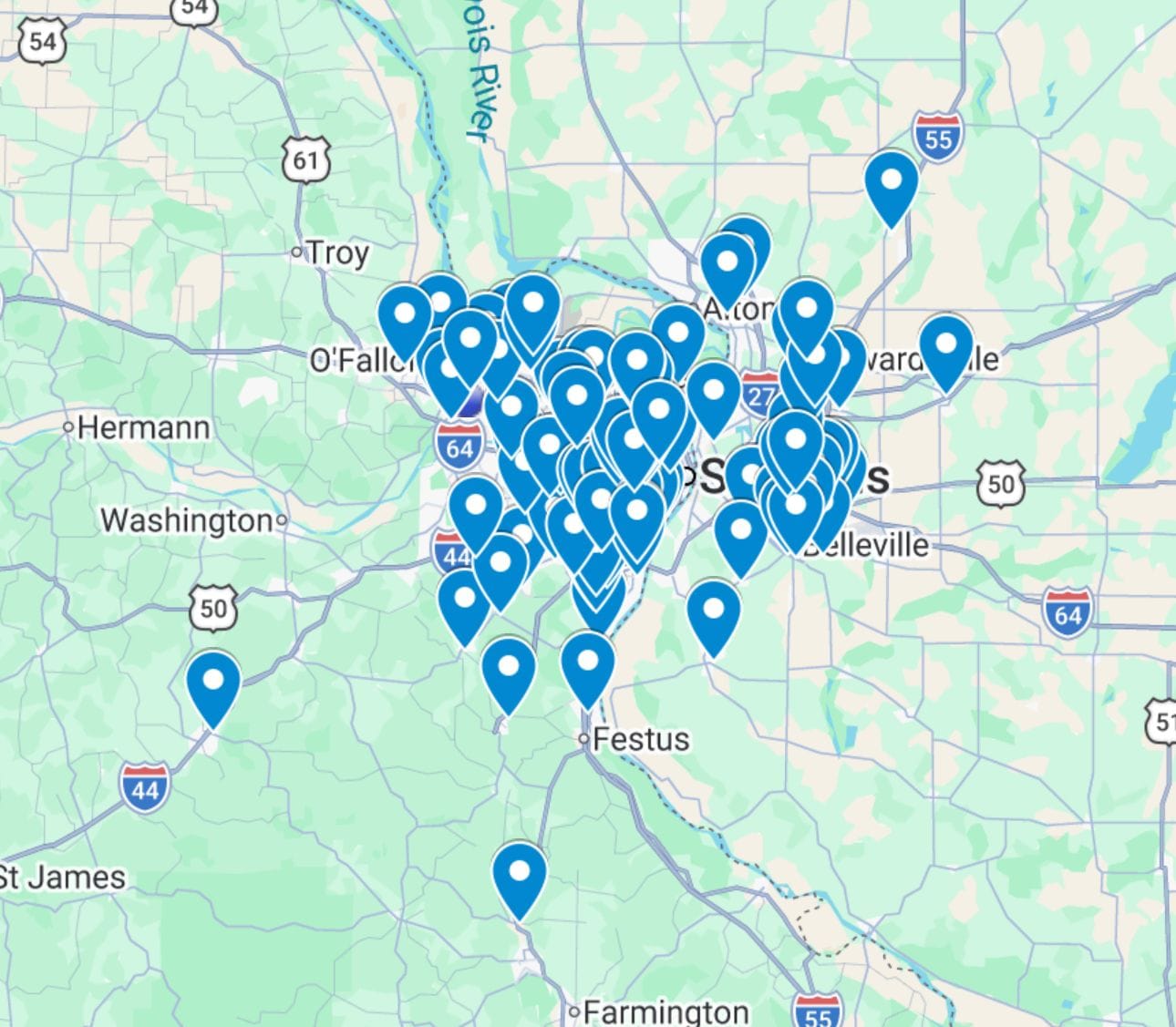 STL Power Wash service area map showing bi-state coverage